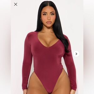 Take The Plunge Lined Long Sleeve Bodysuit - Burgundy